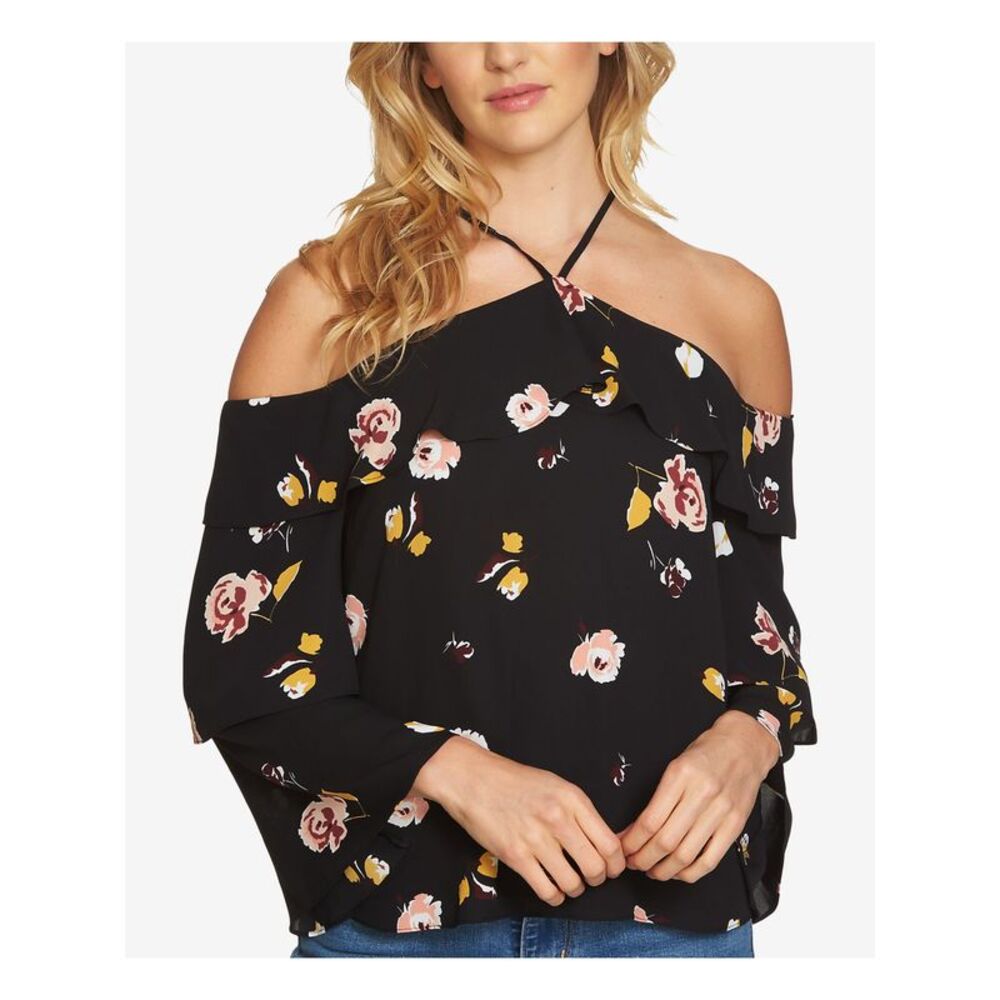1. STATE Womens Top Black Cold Shoulder Long Sleeve Halter Floral Juniors XS
